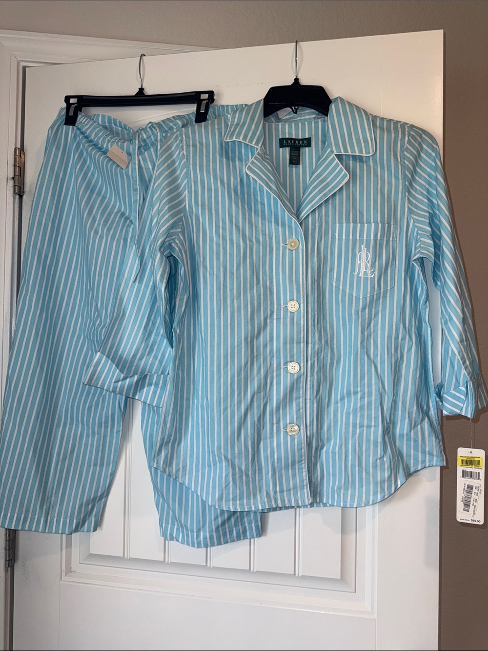 Lauren Ralph Lauren Striped 100% Cotton Pajama Set Capri Blue Medium